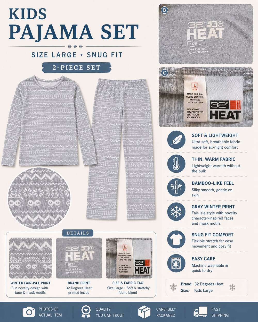 32 Degrees Heat Kids 2-Piece Pajama Set Long Sleeve Crew Neck & Legging Gray Win
